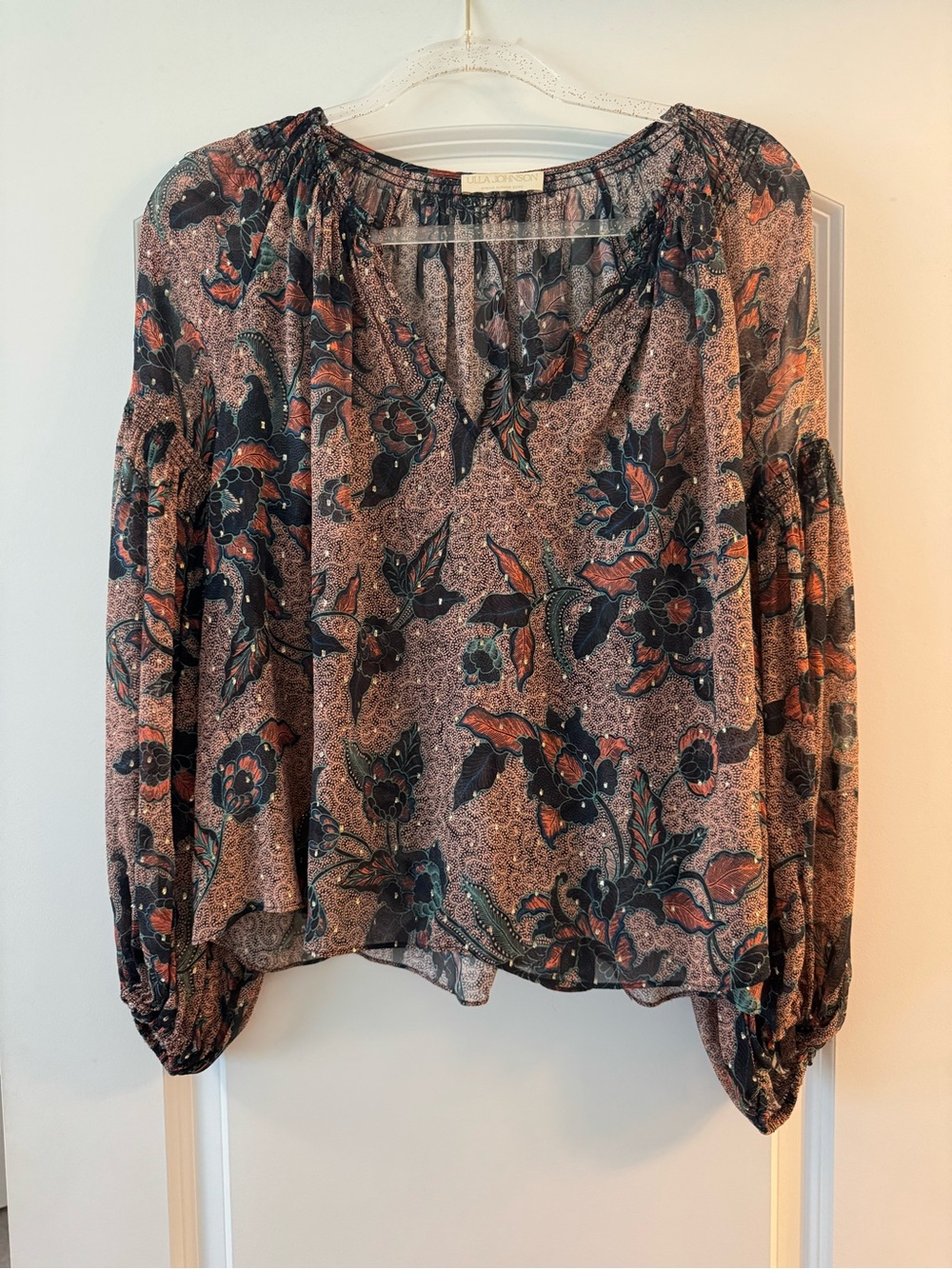 Ulla Johnson Taupe and Navy Floral Silk Blouse